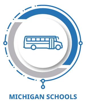Michigan schools icon with blue line drawing of a school bus
