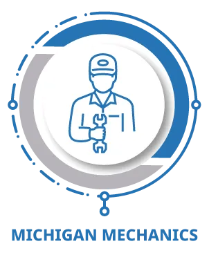Michigan mechanics icon with blue line drawing of a mechanic holding a wrench