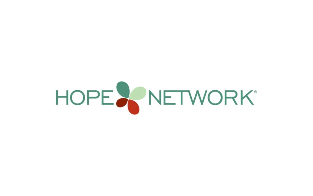 Hope Network logo with green wordmark and four-petal emblem in green and red