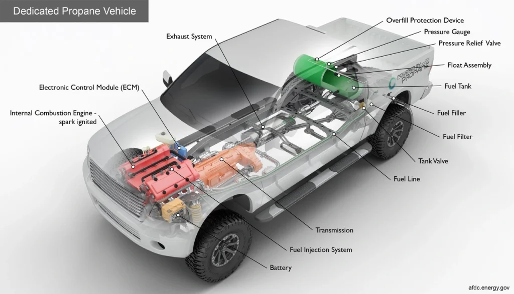 Diagram of a dedicated propane vehicle showing labeled propane fuel system components