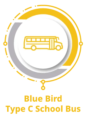 Blue Bird Type C School Bus icon with yellow line drawing of a school bus